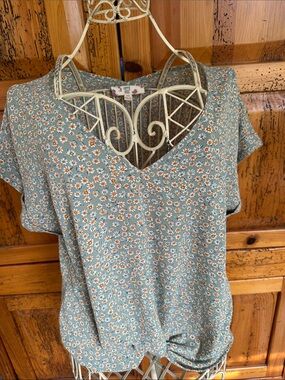 Hippie Rose Sage Green Floral V-Neck Short Sleeve Top